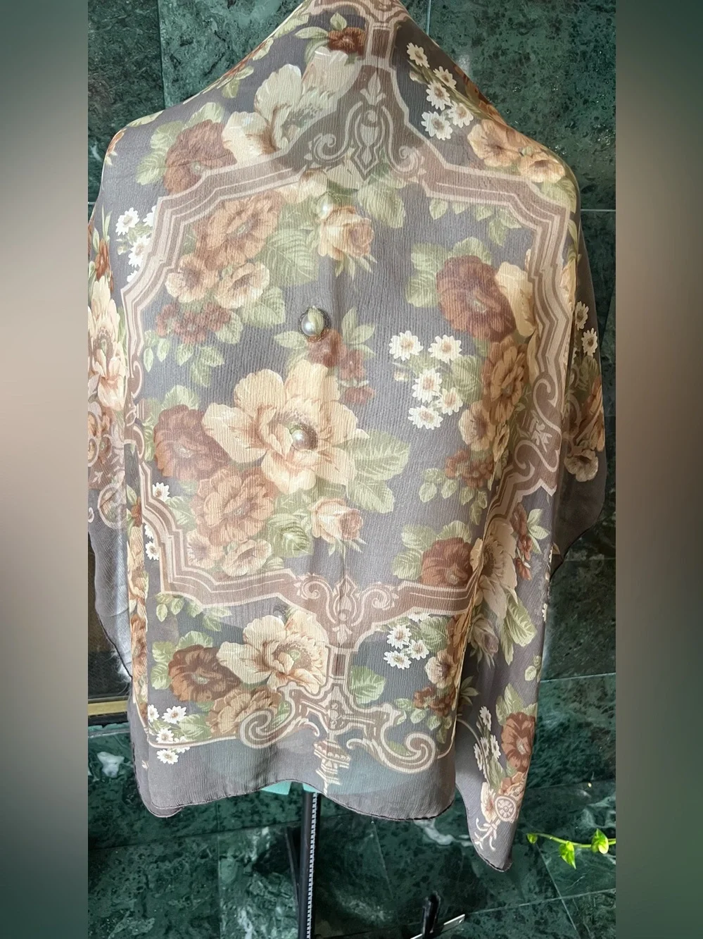 Vintage Floral 100% Silk Scarf Made in Italy Brown & Green Square Retro Feminine